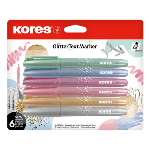 Zvýrazňovač KORES Glitter 6ks metalické barvy s třpytivým efektem Zvýrazňovač KORES Glitter 6ks metalické barvy s třpytivým efektem
