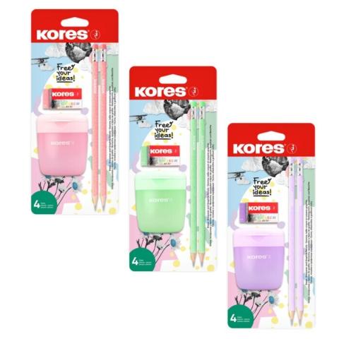 Sada Kores PASTEL SET mix barev – ořezávátko, 2 tužky, pryž Sada Kores PASTEL SET mix barev – ořezávátko, 2 tužky, pryž