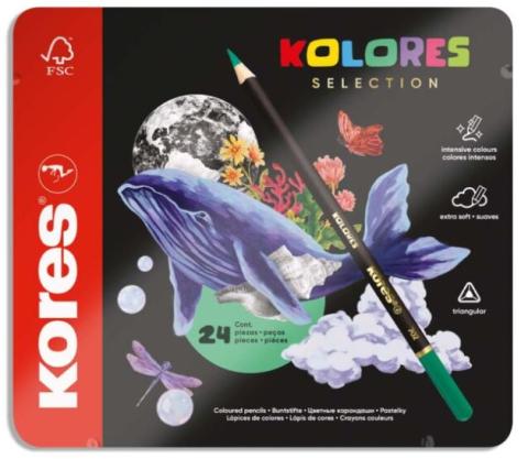 Pastelky KORES KOLORES SELECTION trojhranné 24 barev v kovovém pouzdře